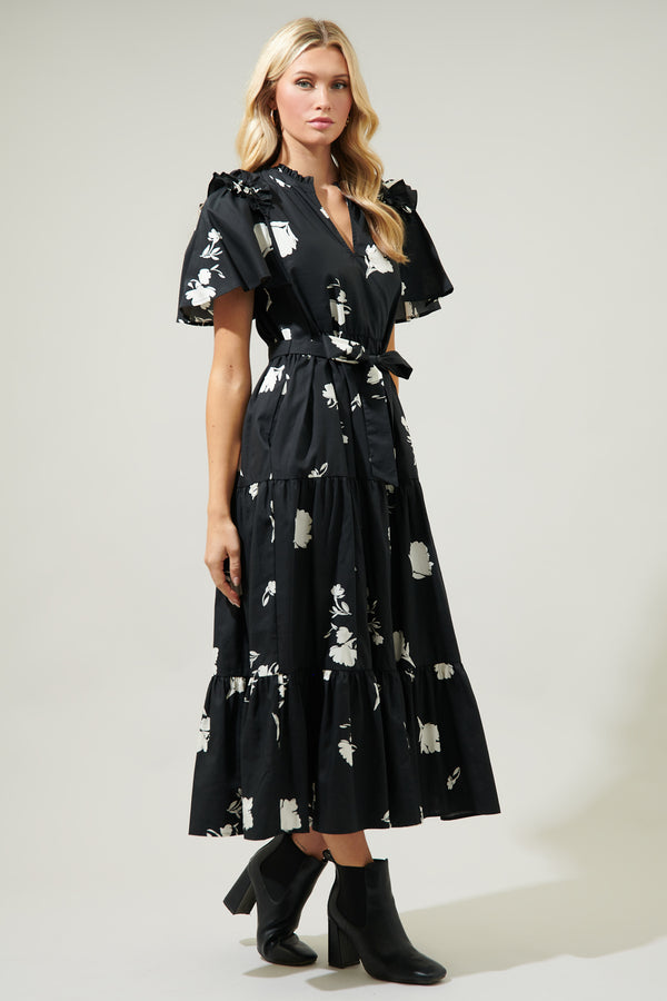 Sugarlips Fleur Noir Escondido Tiered Shift Midi Dress