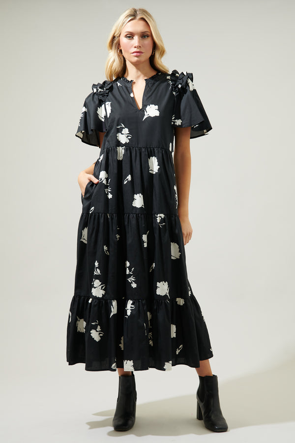 Sugarlips Fleur Noir Escondido Tiered Shift Midi Dress