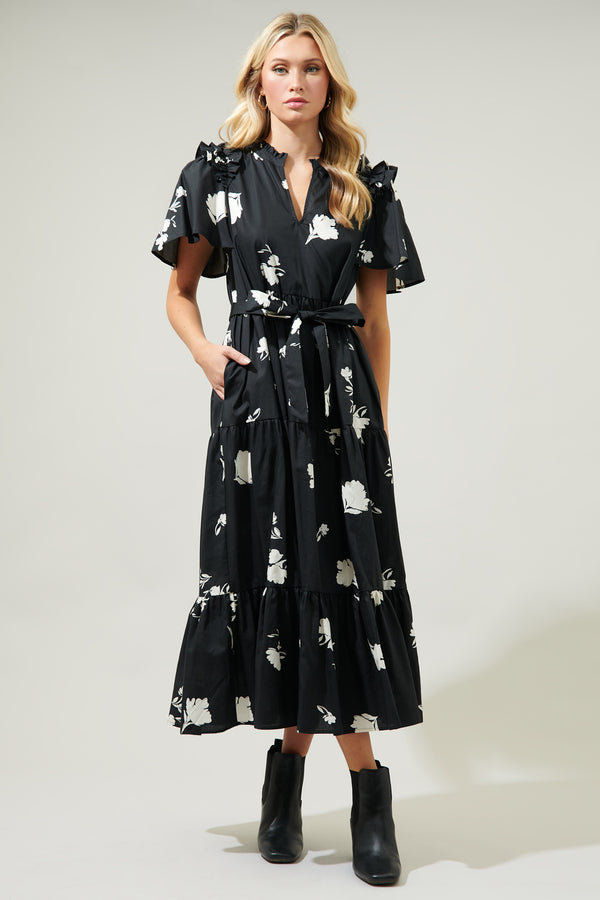 sugarlips Fleur Noir Escondido Tiered Shift Midi Dress
