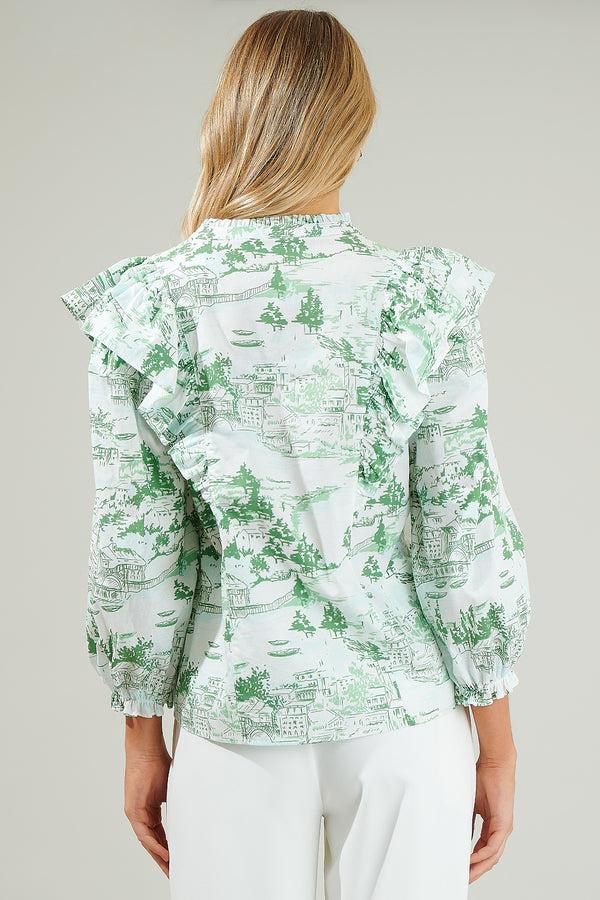 Sugarlips Francine Toile Grayson Ruffle Split Neck Top