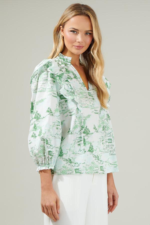 Sugarlips Francine Toile Grayson Ruffle Split Neck Top