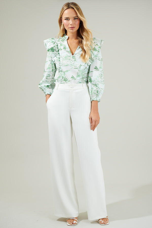 Sugarlips Francine Toile Grayson Ruffle Split Neck Top