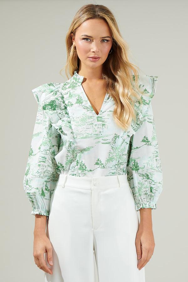 sugarlips Francine Toile Grayson Ruffle Split Neck Top