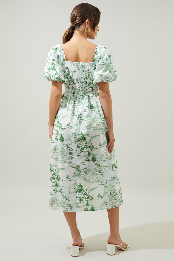 Sugarlips Francine Toile Lullaby Puff Sleeve Midi Dress