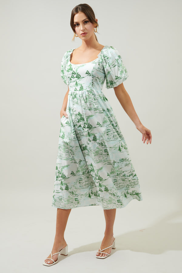 Sugarlips Francine Toile Lullaby Puff Sleeve Midi Dress