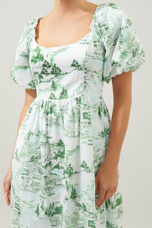 Sugarlips Francine Toile Lullaby Puff Sleeve Midi Dress