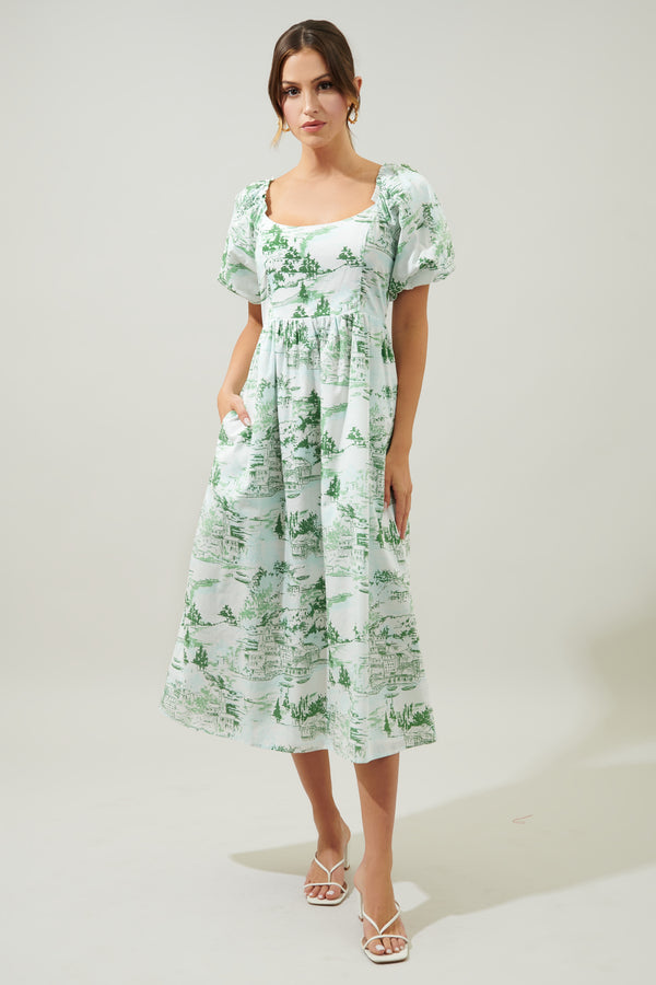 sugarlips Francine Toile Lullaby Puff Sleeve Midi Dress