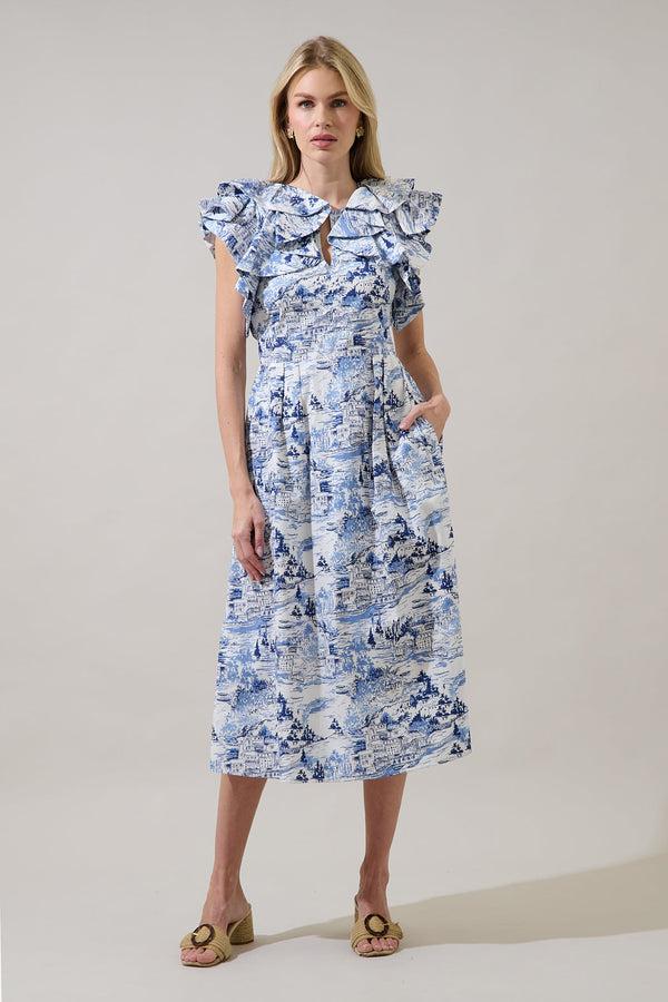 Sugarlips Francine Toile Sky Santana Tie Back Midi Dress