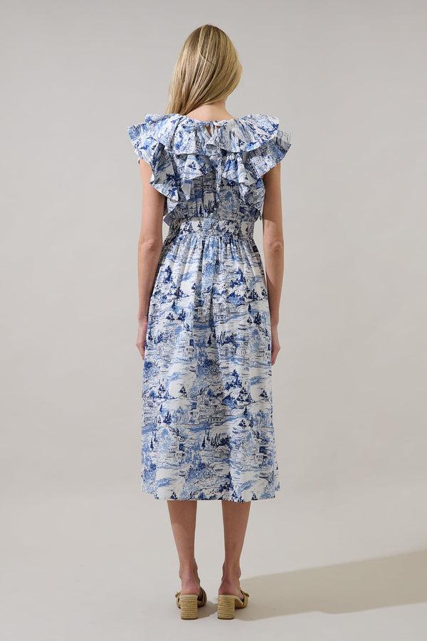 Sugarlips Francine Toile Sky Santana Tie Back Midi Dress