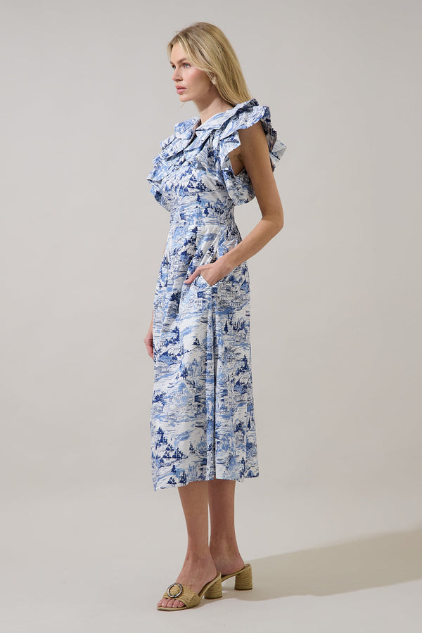 Sugarlips Francine Toile Sky Santana Tie Back Midi Dress