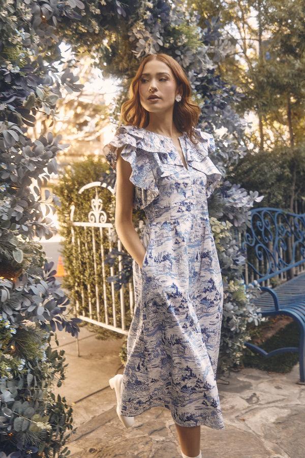 sugarlips Francine Toile Sky Santana Tie Back Midi Dress
