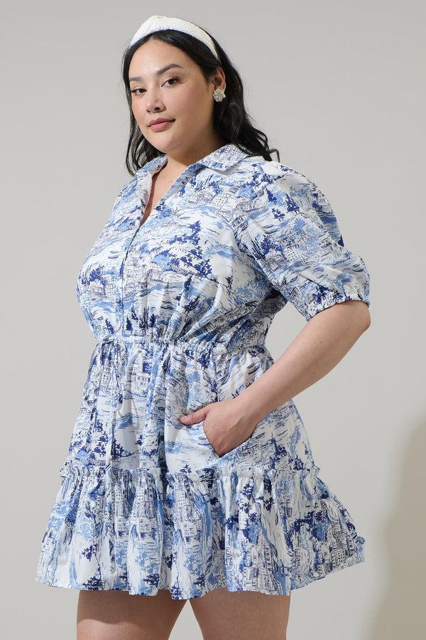 Sugarlips Francine Toile Stacie Button Down Mini Dress Curve