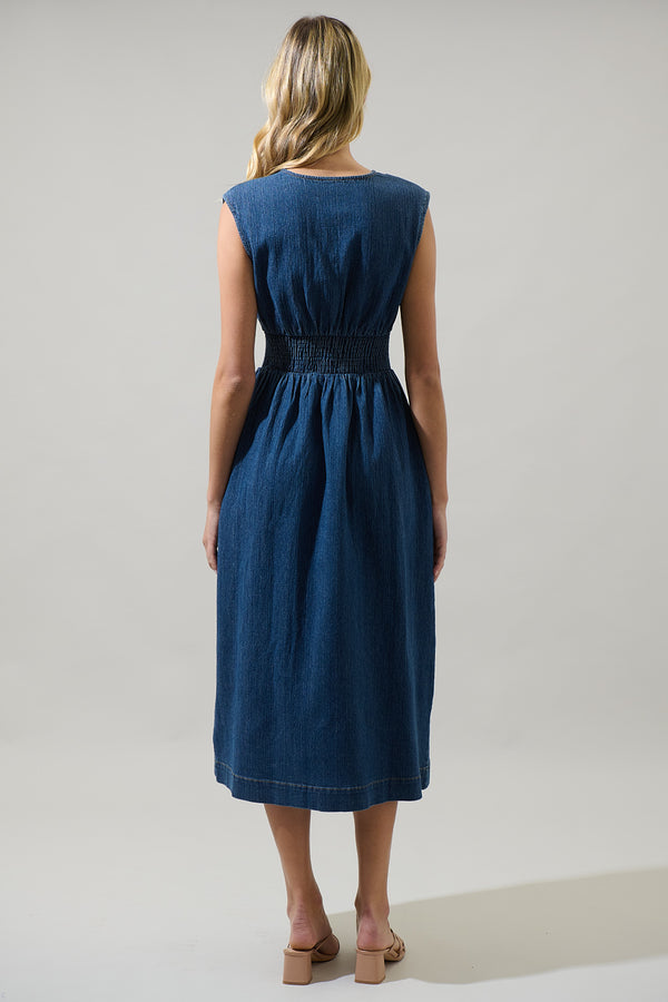 Sugarlips Gabriella Denim Lula Sleeveless Smocked Midi Dress