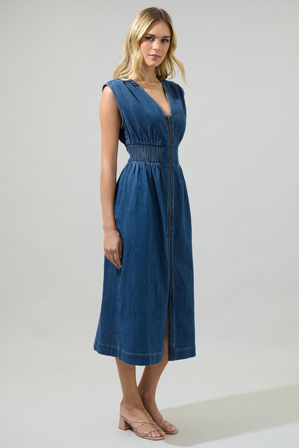 Sugarlips Gabriella Denim Lula Sleeveless Smocked Midi Dress