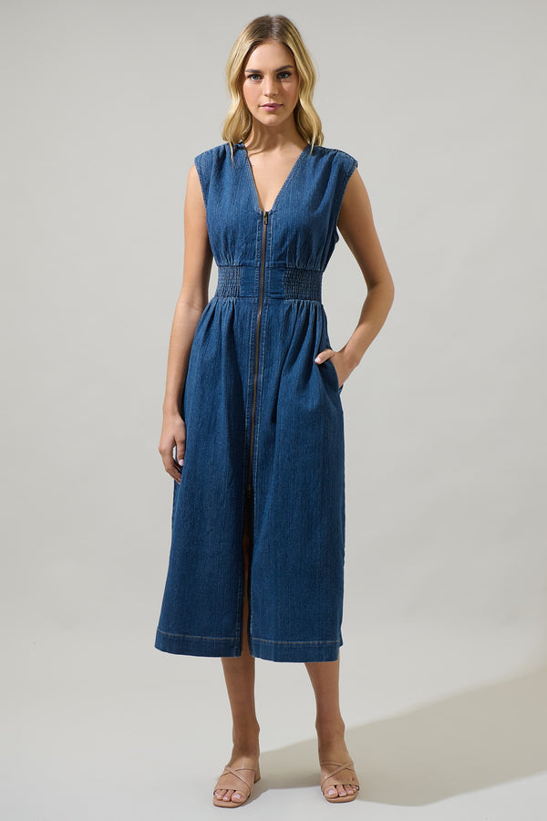 sugarlips Gabriella Denim Lula Sleeveless Smocked Midi Dress