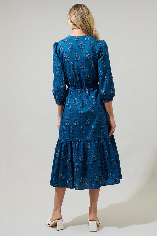 Sugarlips Gardena Floral Zinnia Split Neck Midi Dress