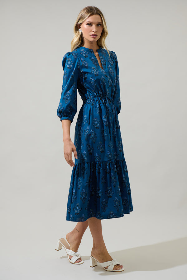 Sugarlips Gardena Floral Zinnia Split Neck Midi Dress
