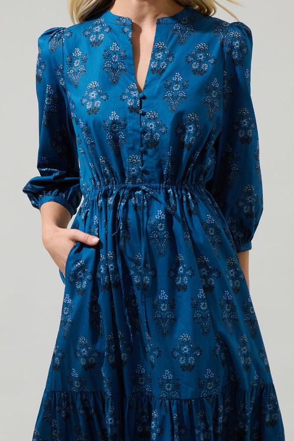 Sugarlips Gardena Floral Zinnia Split Neck Midi Dress