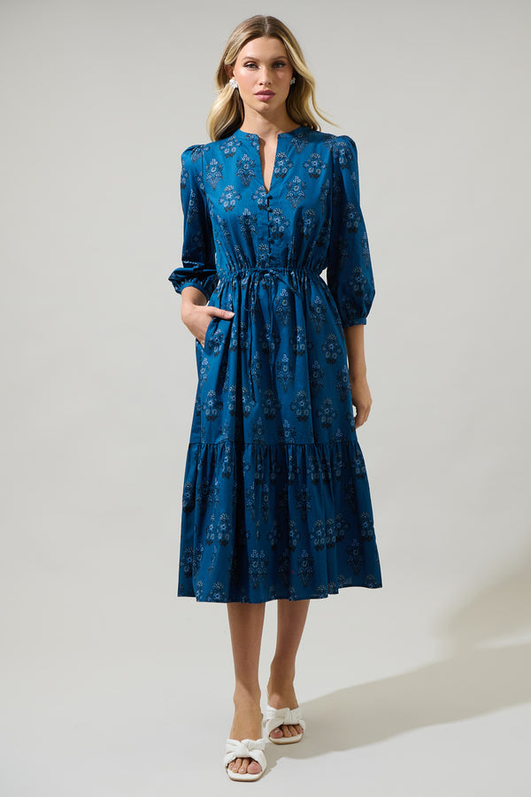 sugarlips Gardena Floral Zinnia Split Neck Midi Dress