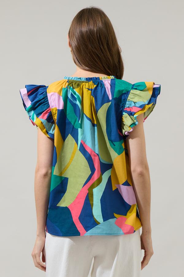 Sugarlips Gia Abstract Risette Ruffle Split Neck Top