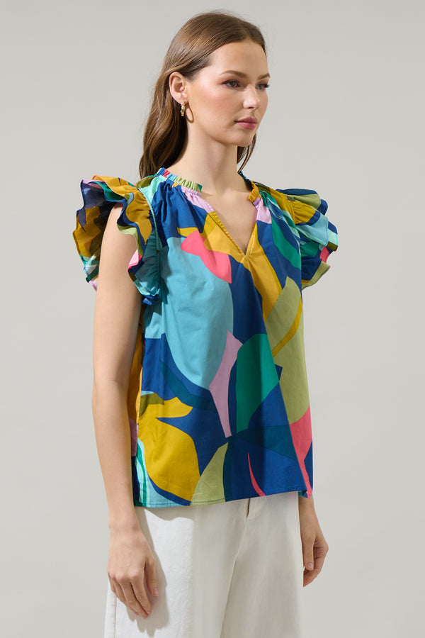 Sugarlips Gia Abstract Risette Ruffle Split Neck Top