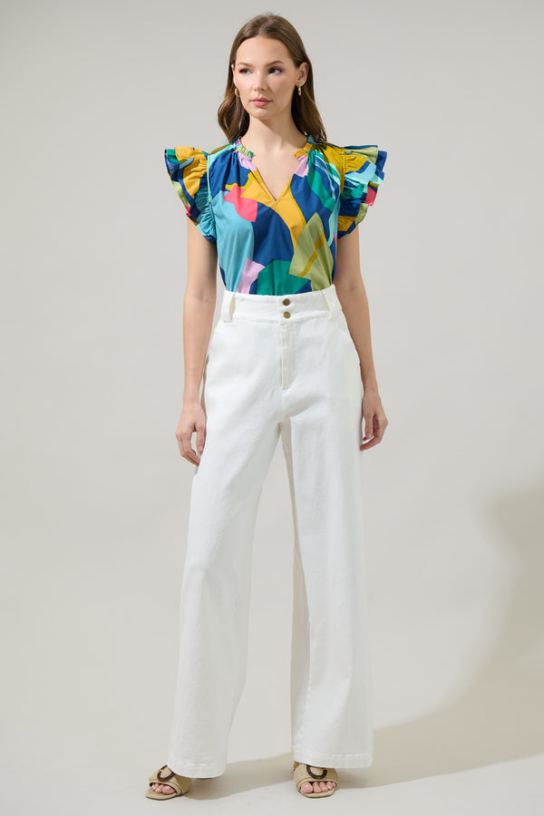 Sugarlips Gia Abstract Risette Ruffle Split Neck Top