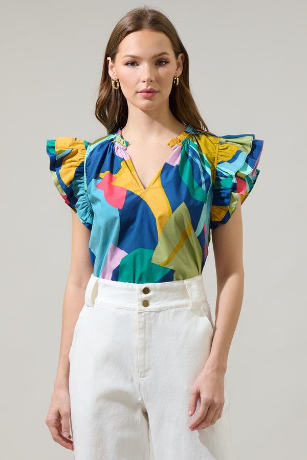 sugarlips Gia Abstract Risette Ruffle Split Neck Top