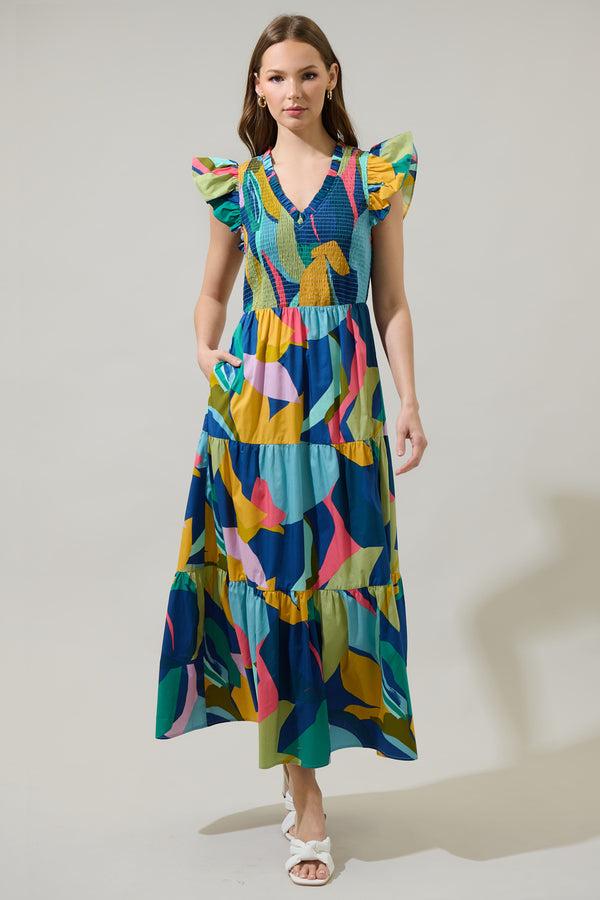Sugarlips Gia Abstract Sunfire Smocked Bodice Tiered Midi Dress