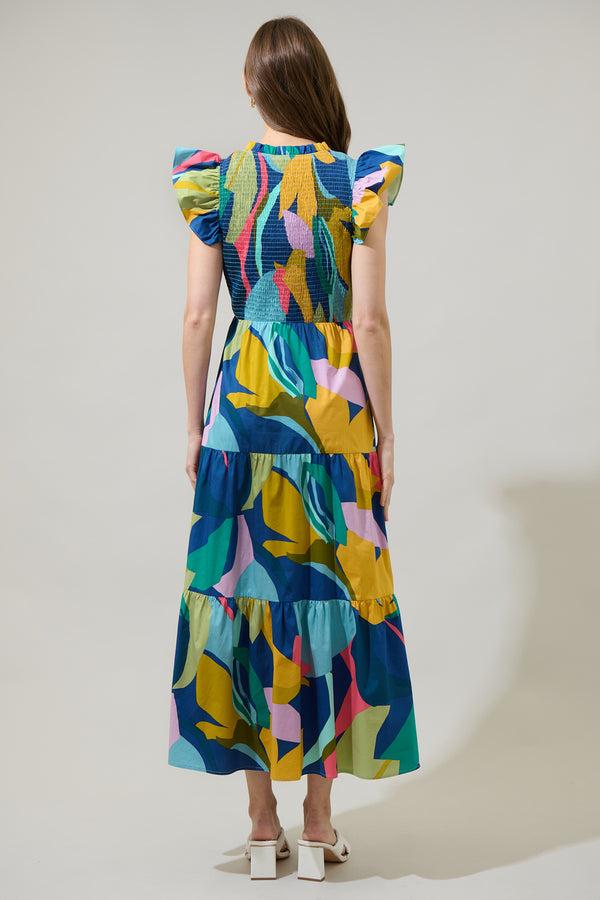 Sugarlips Gia Abstract Sunfire Smocked Bodice Tiered Midi Dress