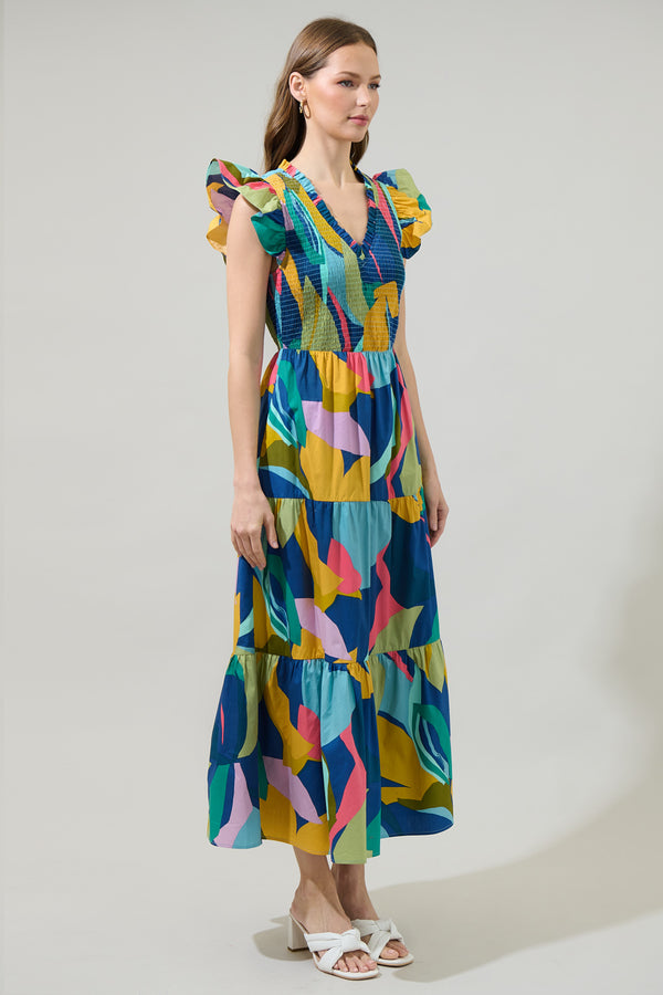 Sugarlips Gia Abstract Sunfire Smocked Bodice Tiered Midi Dress