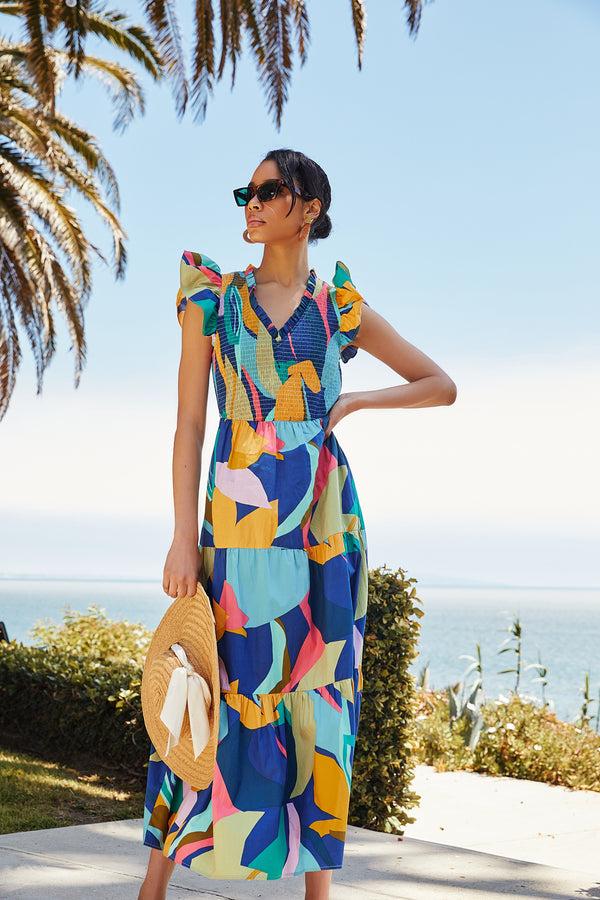 sugarlips Gia Abstract Sunfire Smocked Bodice Tiered Midi Dress