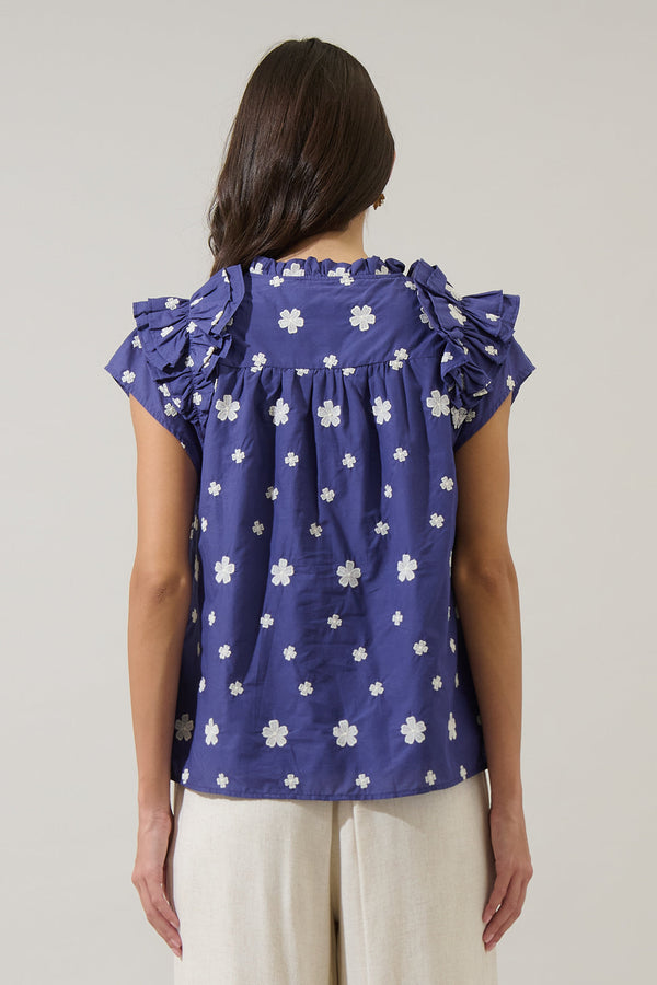 Sugarlips Gilla Embroidered Ramona Ruffle Split Neck Top