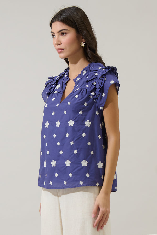 Sugarlips Gilla Embroidered Ramona Ruffle Split Neck Top