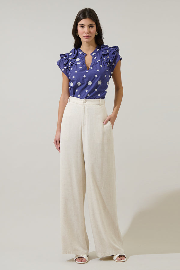 Sugarlips Gilla Embroidered Ramona Ruffle Split Neck Top