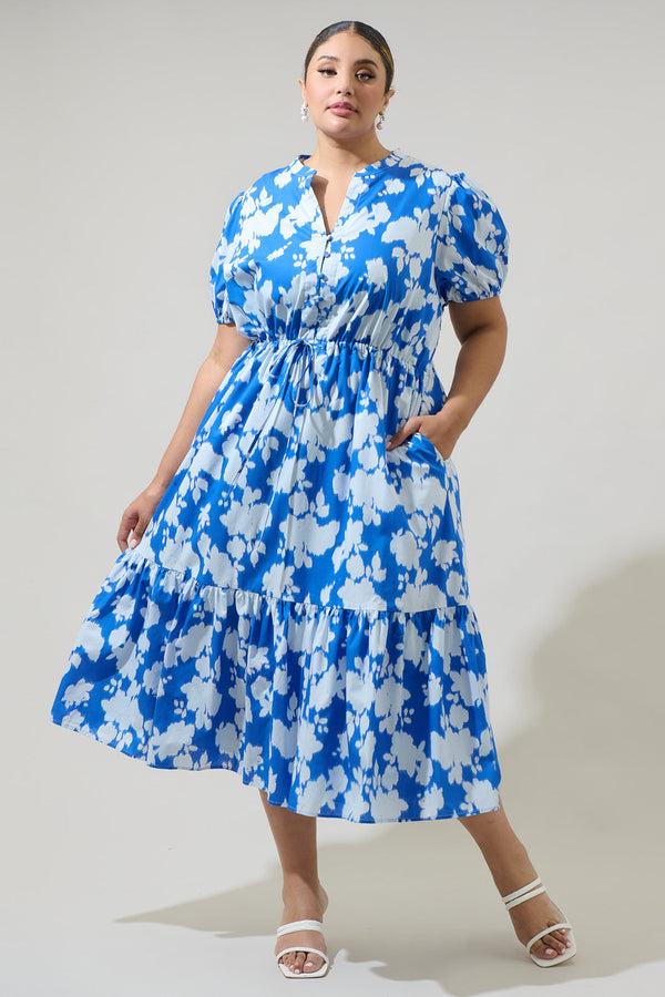 sugarlips Grafton Floral Ticking Floral Waist Tie Midi Dress Curve