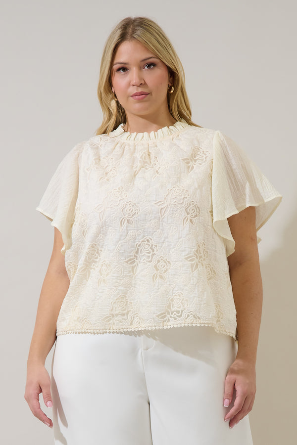 sugarlips Gretal Embroidered Flutter Sleeve Top Curve