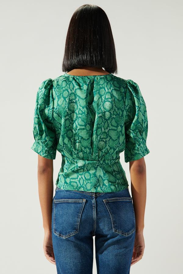 Sugarlips Gwendolyn Snake Print Puff Sleeve Peplum Blouse