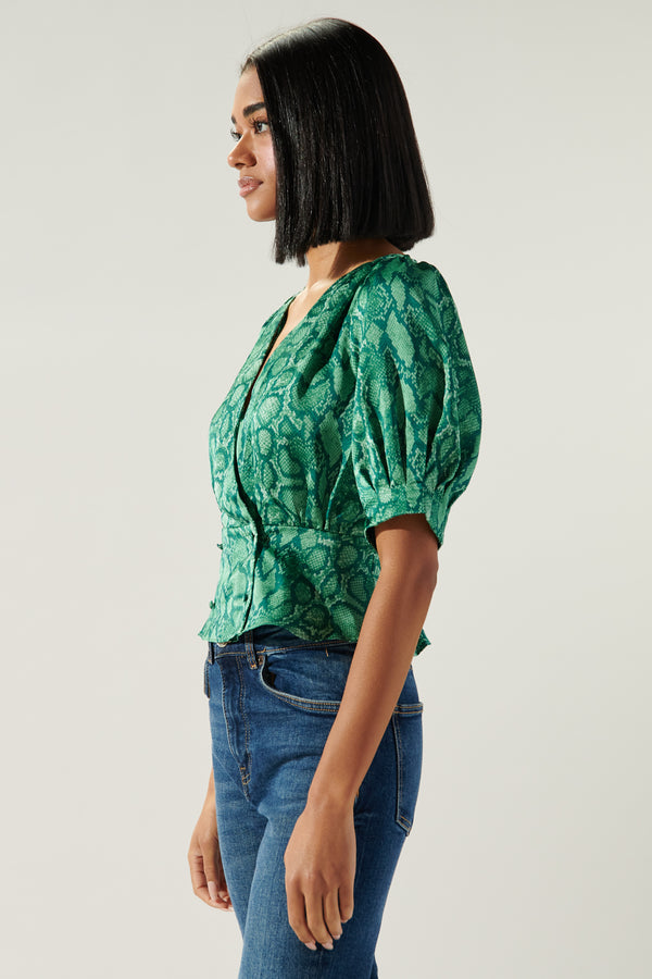Sugarlips Gwendolyn Snake Print Puff Sleeve Peplum Blouse