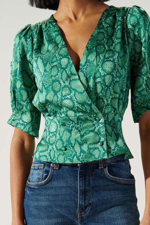 Sugarlips Gwendolyn Snake Print Puff Sleeve Peplum Blouse