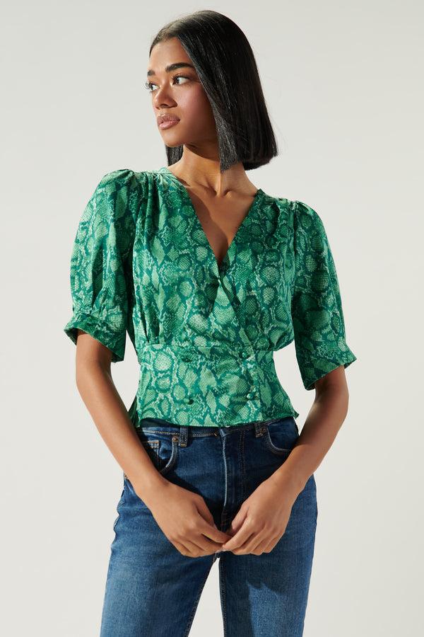 sugarlips Gwendolyn Snake Print Puff Sleeve Peplum Blouse