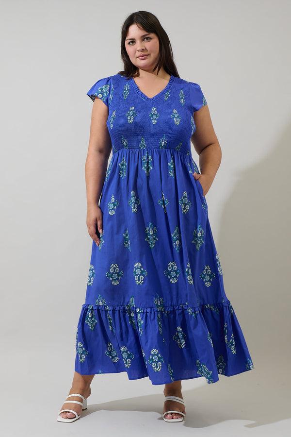 sugarlips Haline Floral Liora Smocked Midi Dress Curve