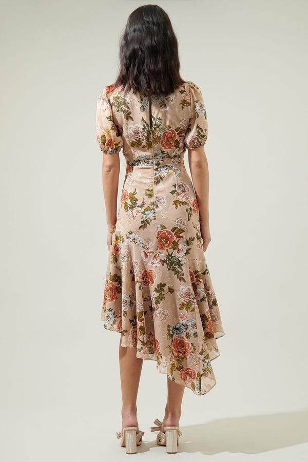 Sugarlips Harbin Floral Balboa Asymmetrical Midi Dress