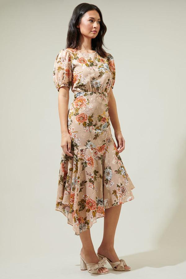 Sugarlips Harbin Floral Balboa Asymmetrical Midi Dress