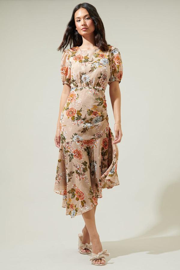 Sugarlips Harbin Floral Balboa Asymmetrical Midi Dress