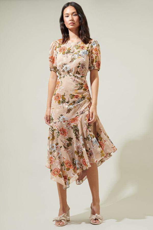 sugarlips Harbin Floral Balboa Asymmetrical Midi Dress