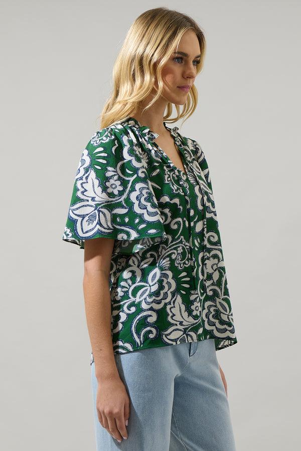 Sugarlips Harriet Floral Ruffle Split Neck Dupont Top