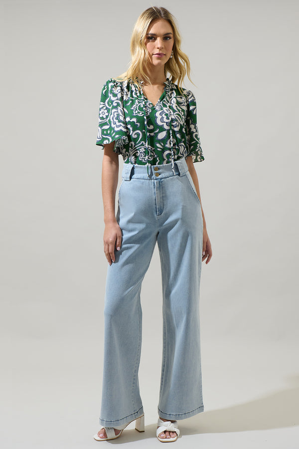 Sugarlips Harriet Floral Ruffle Split Neck Dupont Top
