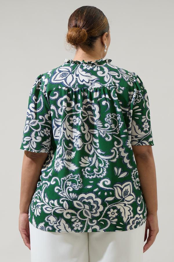 Sugarlips Harriet Floral Ruffle Split Neck Dupont Top Curve
