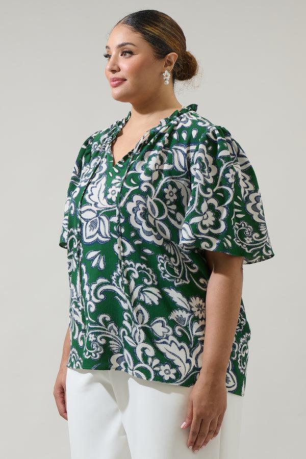 Sugarlips Harriet Floral Ruffle Split Neck Dupont Top Curve