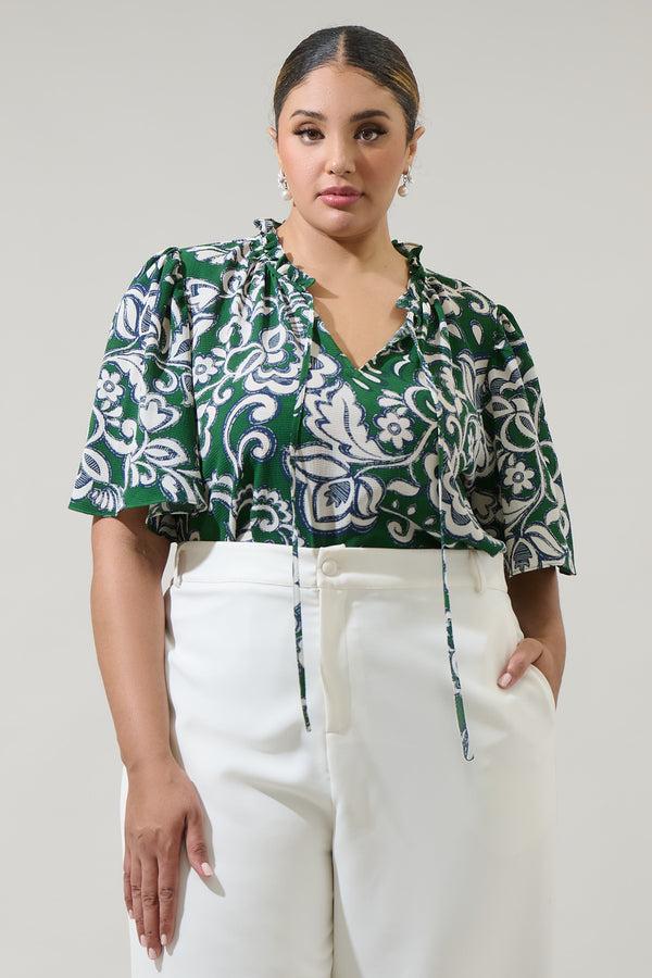sugarlips Harriet Floral Ruffle Split Neck Dupont Top Curve